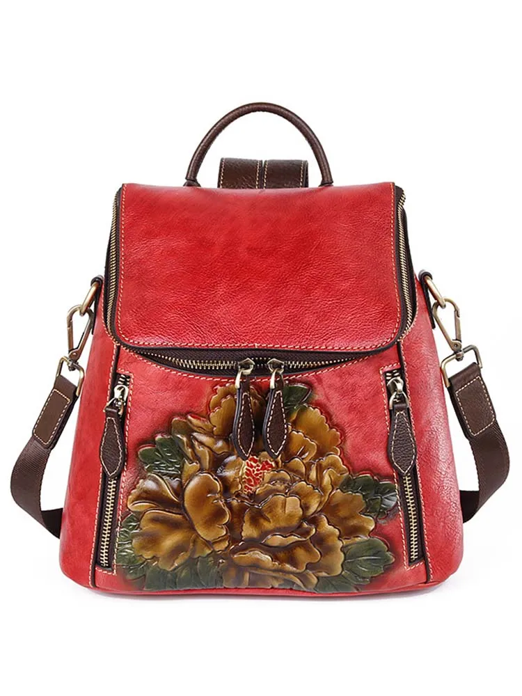 Flower Embossed Leather Backpack