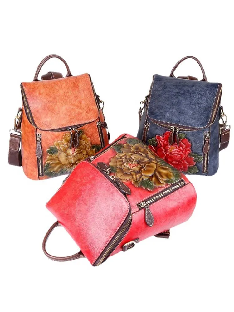 Flower Embossed Leather Backpack