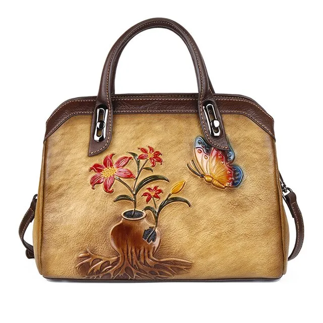 Genuine Embossed Leather Handbag Women High Quality Messenger Shoulder Cross body Bags Female Luxury Floral Vintage Tote Bag