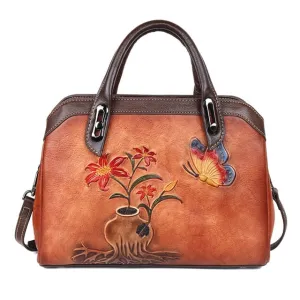 Genuine Embossed Leather Handbag Women High Quality Messenger Shoulder Cross body Bags Female Luxury Floral Vintage Tote Bag