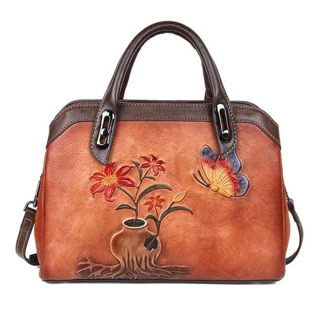 Genuine Embossed Leather Handbag Women High Quality Messenger Shoulder Cross body Bags Female Luxury Floral Vintage Tote Bag