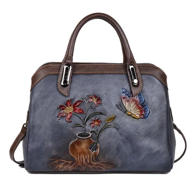 Genuine Embossed Leather Handbag Women High Quality Messenger Shoulder Cross body Bags Female Luxury Floral Vintage Tote Bag