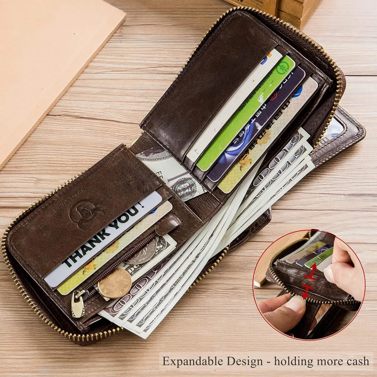 Genuine Leather Bifold Wallet for Men with Zip Coin Pocket