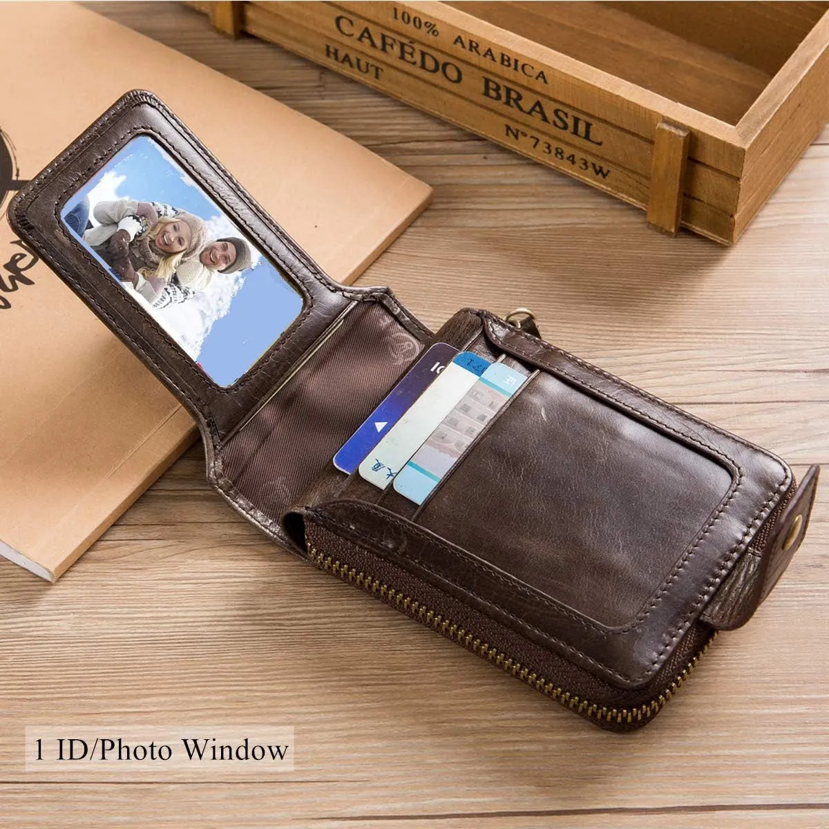 Genuine Leather Bifold Wallet for Men with Zip Coin Pocket