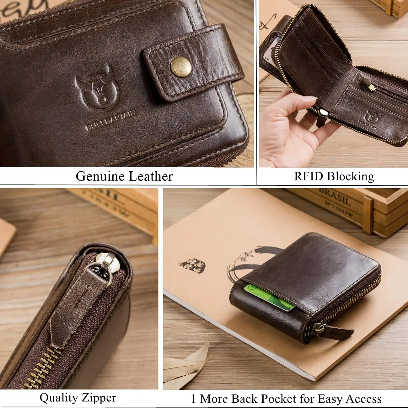 Genuine Leather Bifold Wallet for Men with Zip Coin Pocket