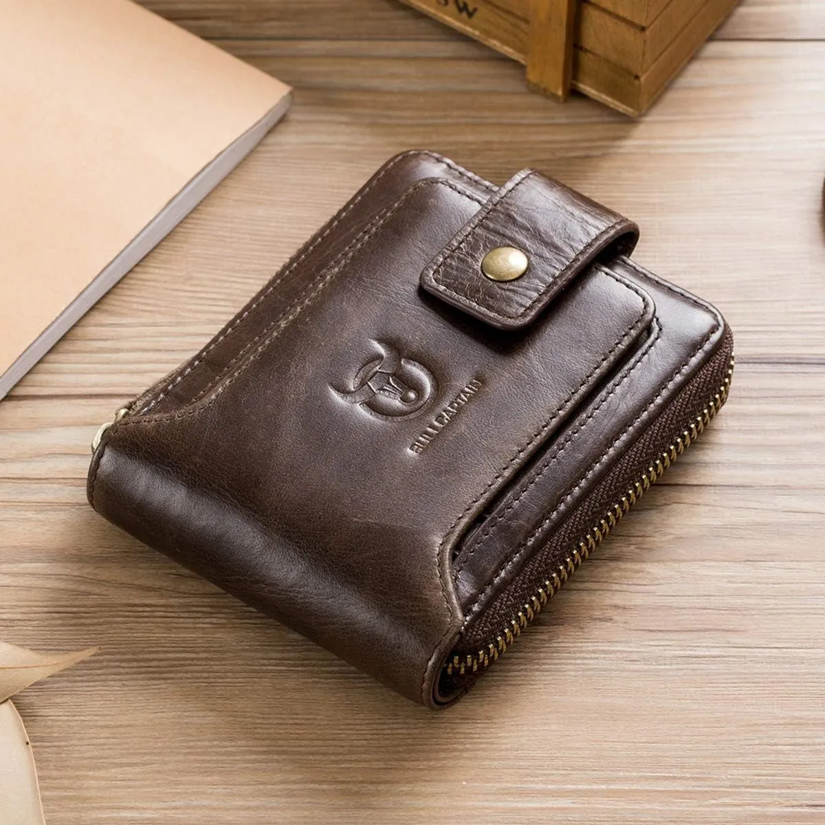 Genuine Leather Bifold Wallet for Men with Zip Coin Pocket