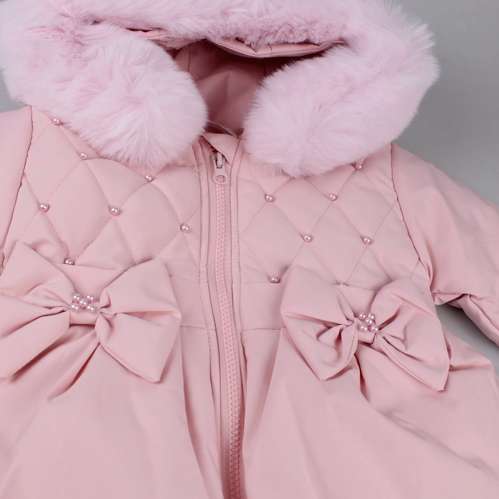 Girls Pink Puffer Quilted Winter Coat with Fur Trimmed Hood
