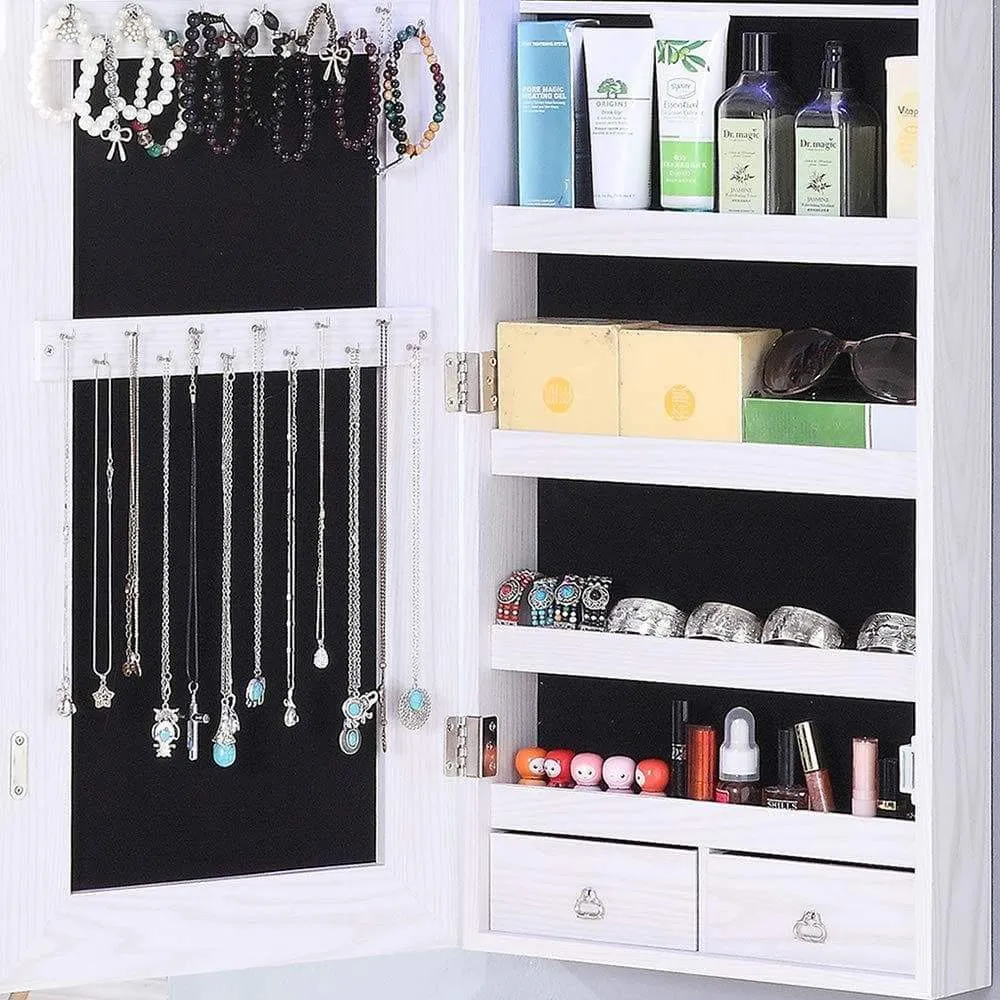 GISSAR Full Length Mirror Jewelry Cabinet, 6 LEDs Jewelry Armoire Wall Mounted Over The Door Hanging, Jewelry Organizer Storage with Lights Lockable White