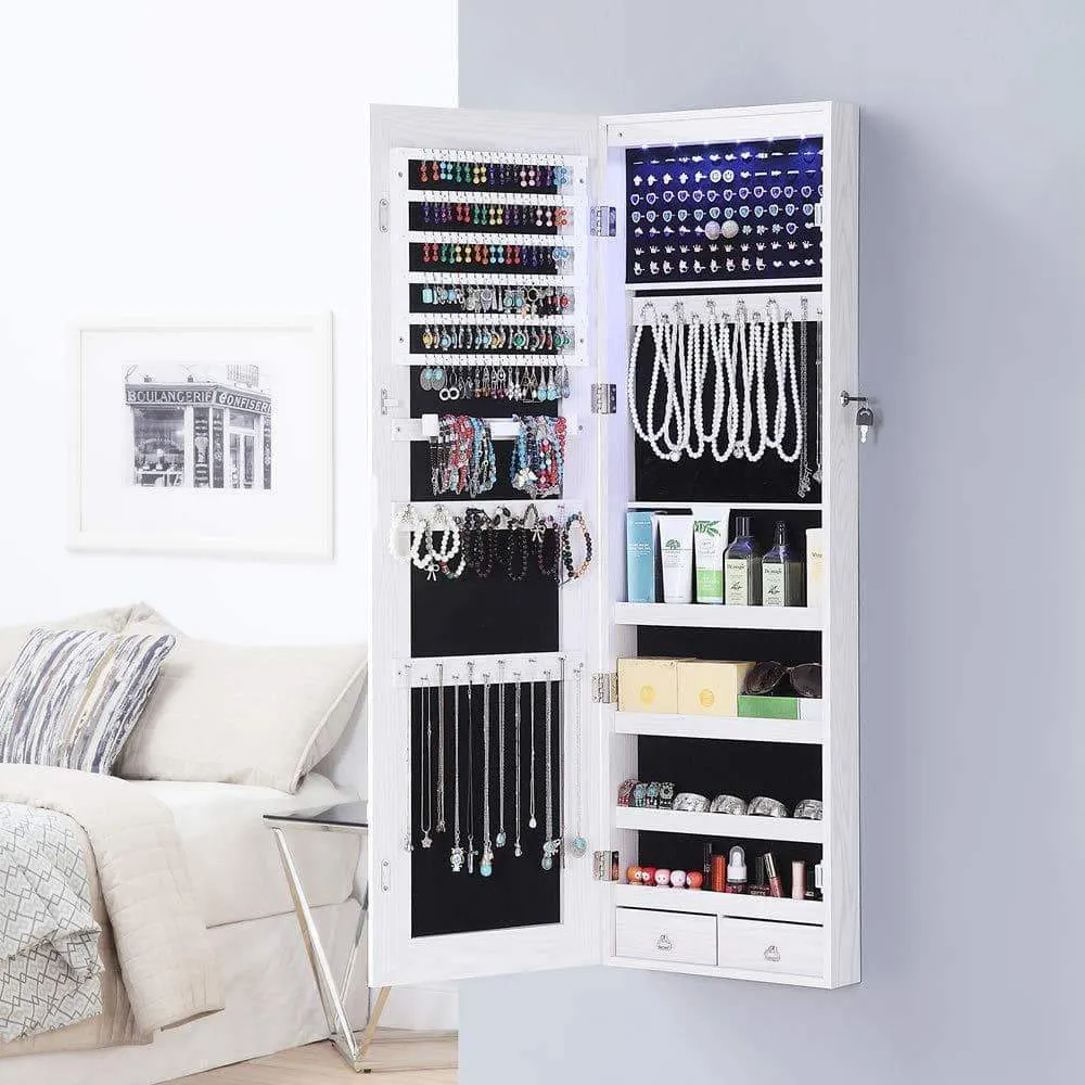 GISSAR Full Length Mirror Jewelry Cabinet, 6 LEDs Jewelry Armoire Wall Mounted Over The Door Hanging, Jewelry Organizer Storage with Lights Lockable White