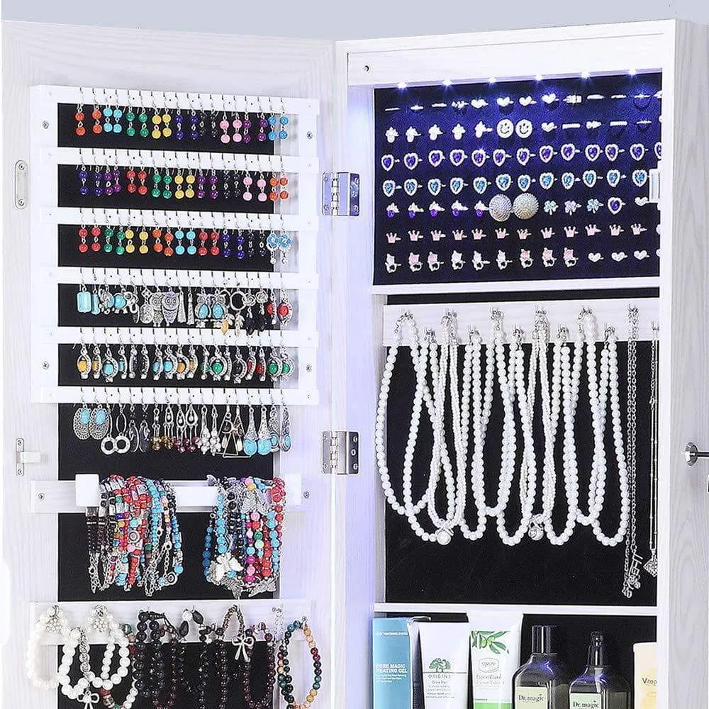 GISSAR Full Length Mirror Jewelry Cabinet, 6 LEDs Jewelry Armoire Wall Mounted Over The Door Hanging, Jewelry Organizer Storage with Lights Lockable White