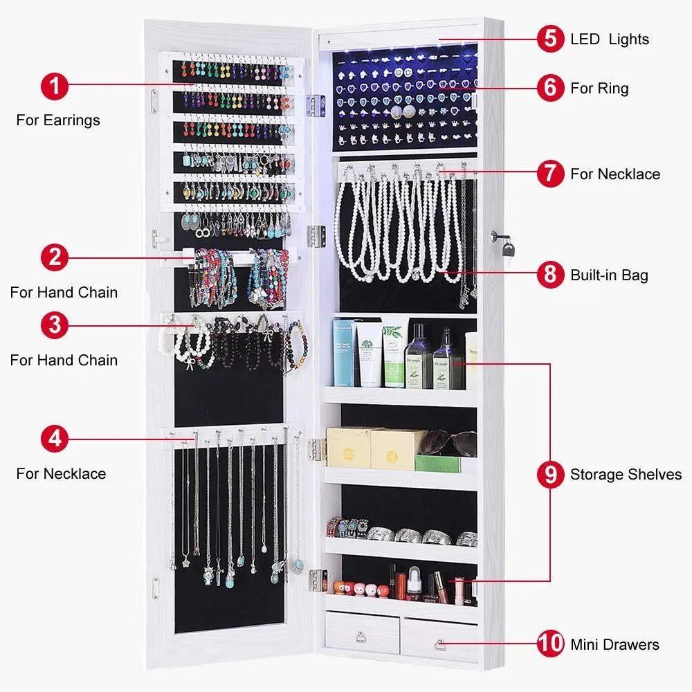 GISSAR Full Length Mirror Jewelry Cabinet, 6 LEDs Jewelry Armoire Wall Mounted Over The Door Hanging, Jewelry Organizer Storage with Lights Lockable White
