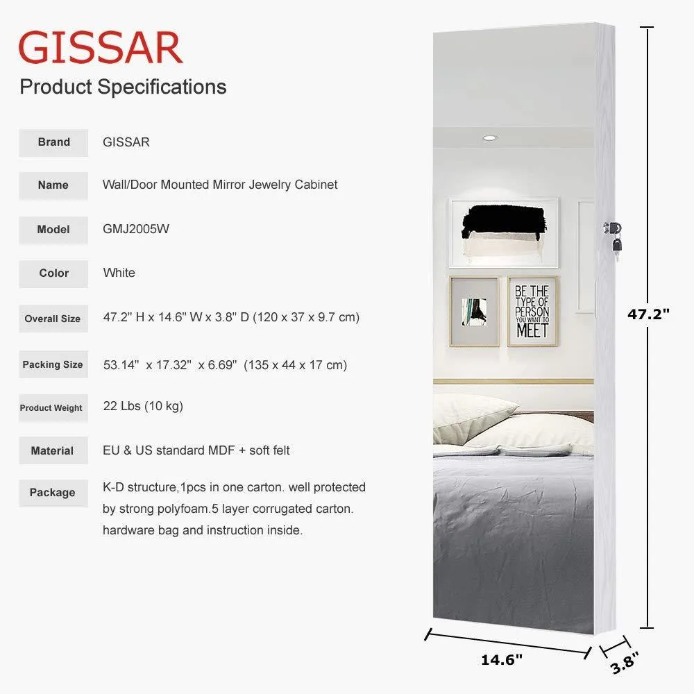 GISSAR Full Length Mirror Jewelry Cabinet, 6 LEDs Jewelry Armoire Wall Mounted Over The Door Hanging, Jewelry Organizer Storage with Lights Lockable White