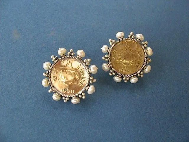 Glamorous, vintage Indian-coin studs with pearls