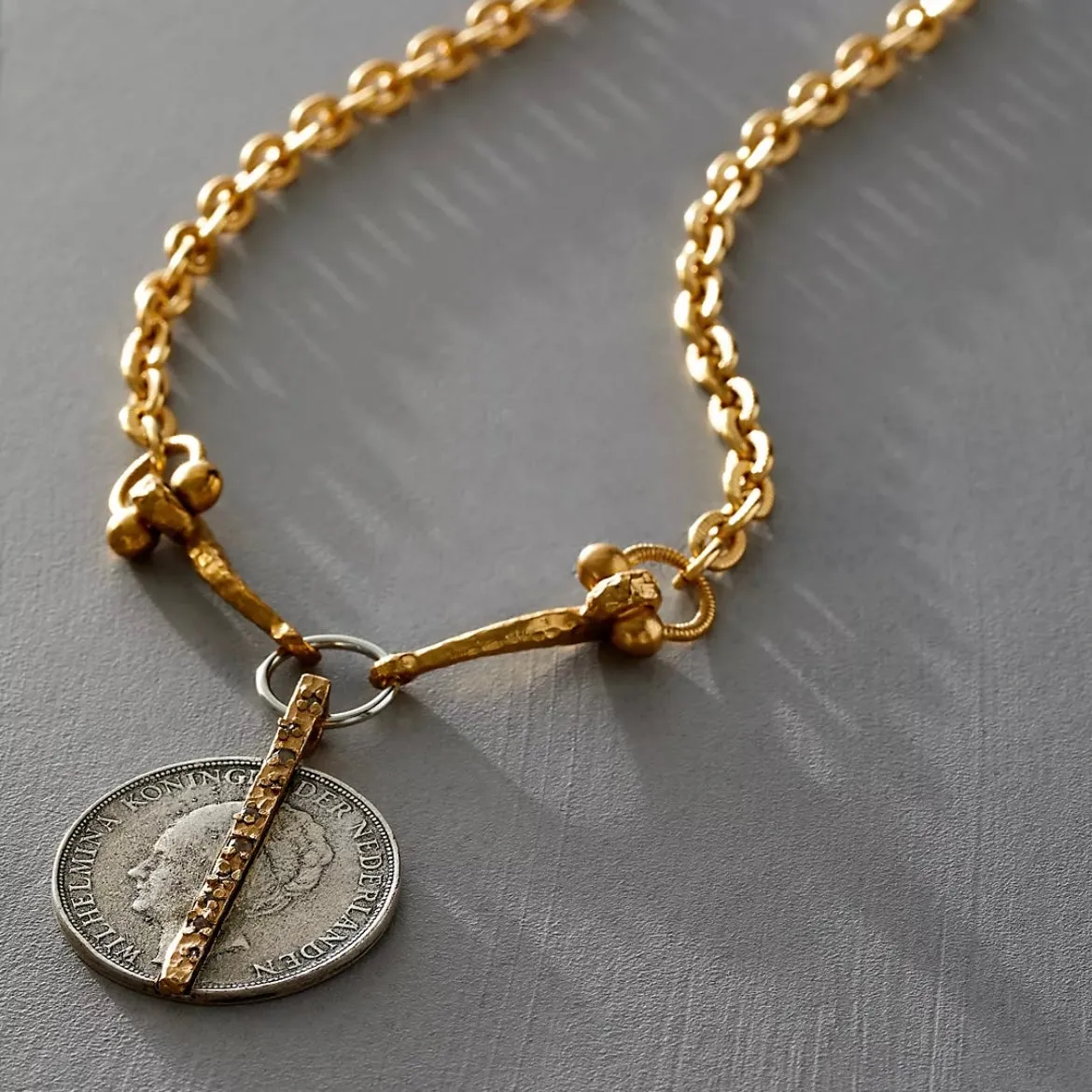 GOLD CRYSTAL BAR & WILHELMINA COIN HORSEBIT NECKLACE