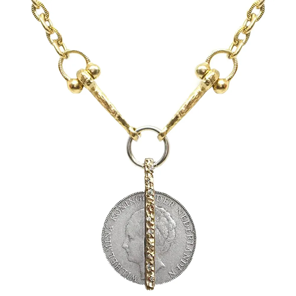GOLD CRYSTAL BAR & WILHELMINA COIN HORSEBIT NECKLACE