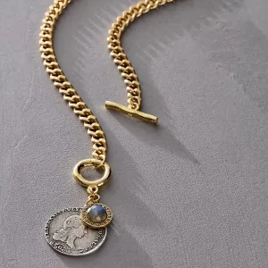 GOLD TOGGLE GEORGE II LABRADORITE CHARM NECKLACE
