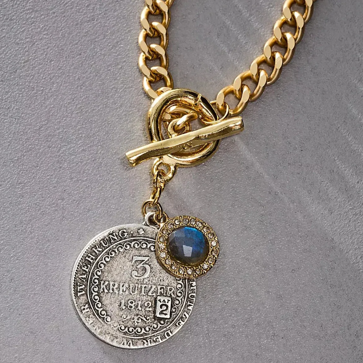 GOLD TOGGLE GEORGE II LABRADORITE CHARM NECKLACE