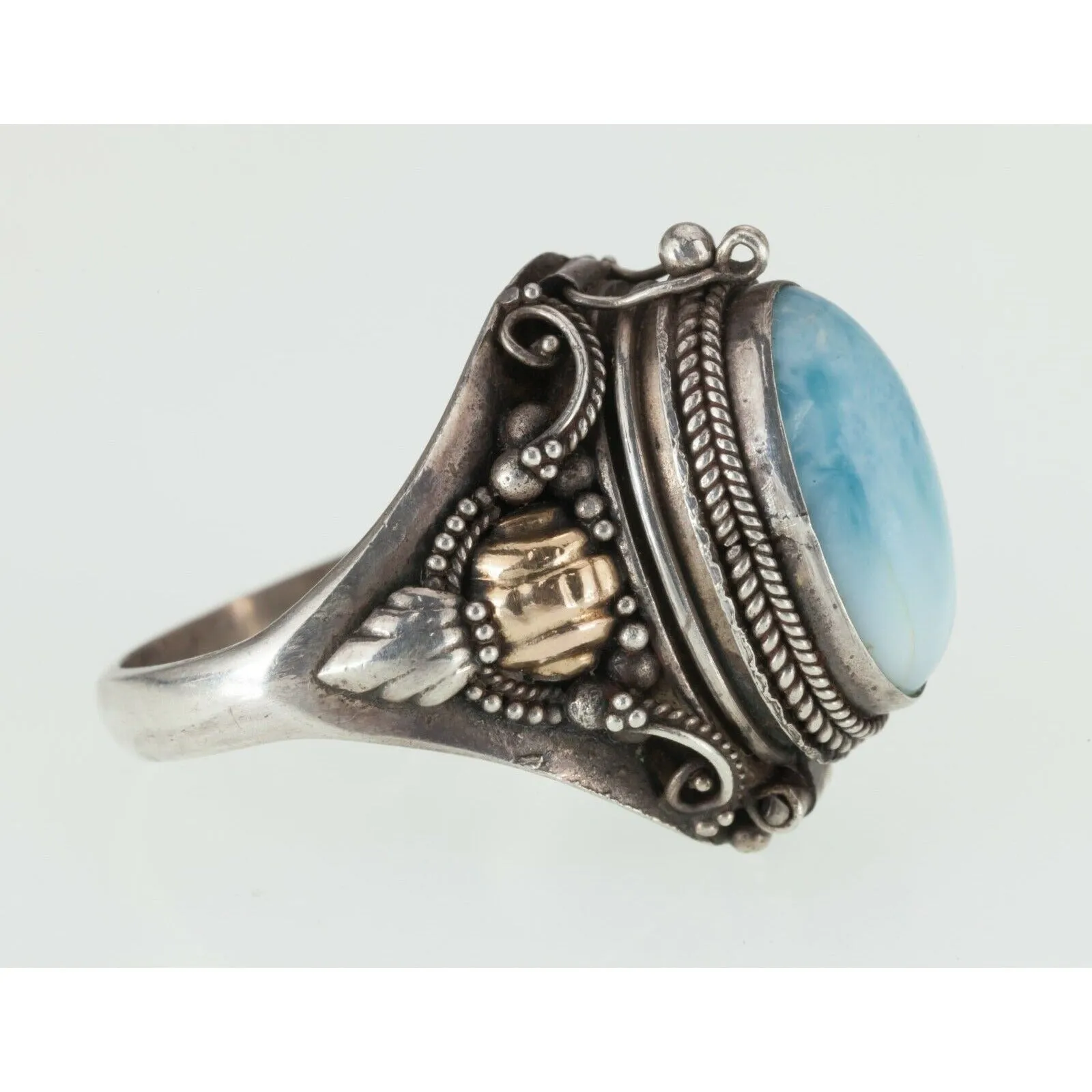 Gorgeous Two-tone Sterling Silver Larimar Cabochon Pill Ring Size 8.25
