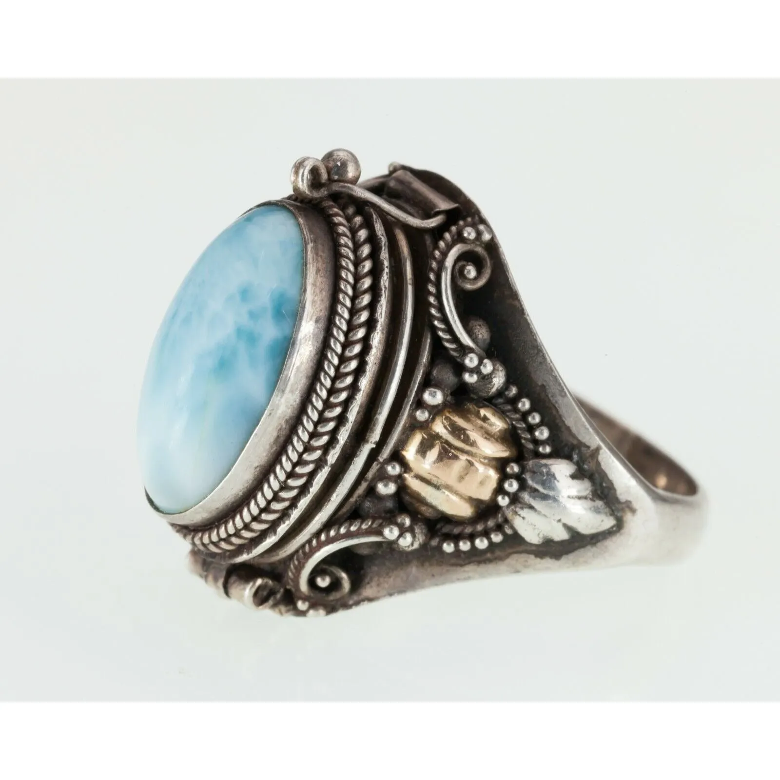 Gorgeous Two-tone Sterling Silver Larimar Cabochon Pill Ring Size 8.25