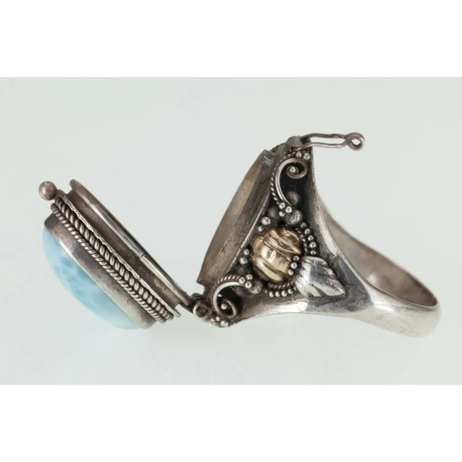 Gorgeous Two-tone Sterling Silver Larimar Cabochon Pill Ring Size 8.25