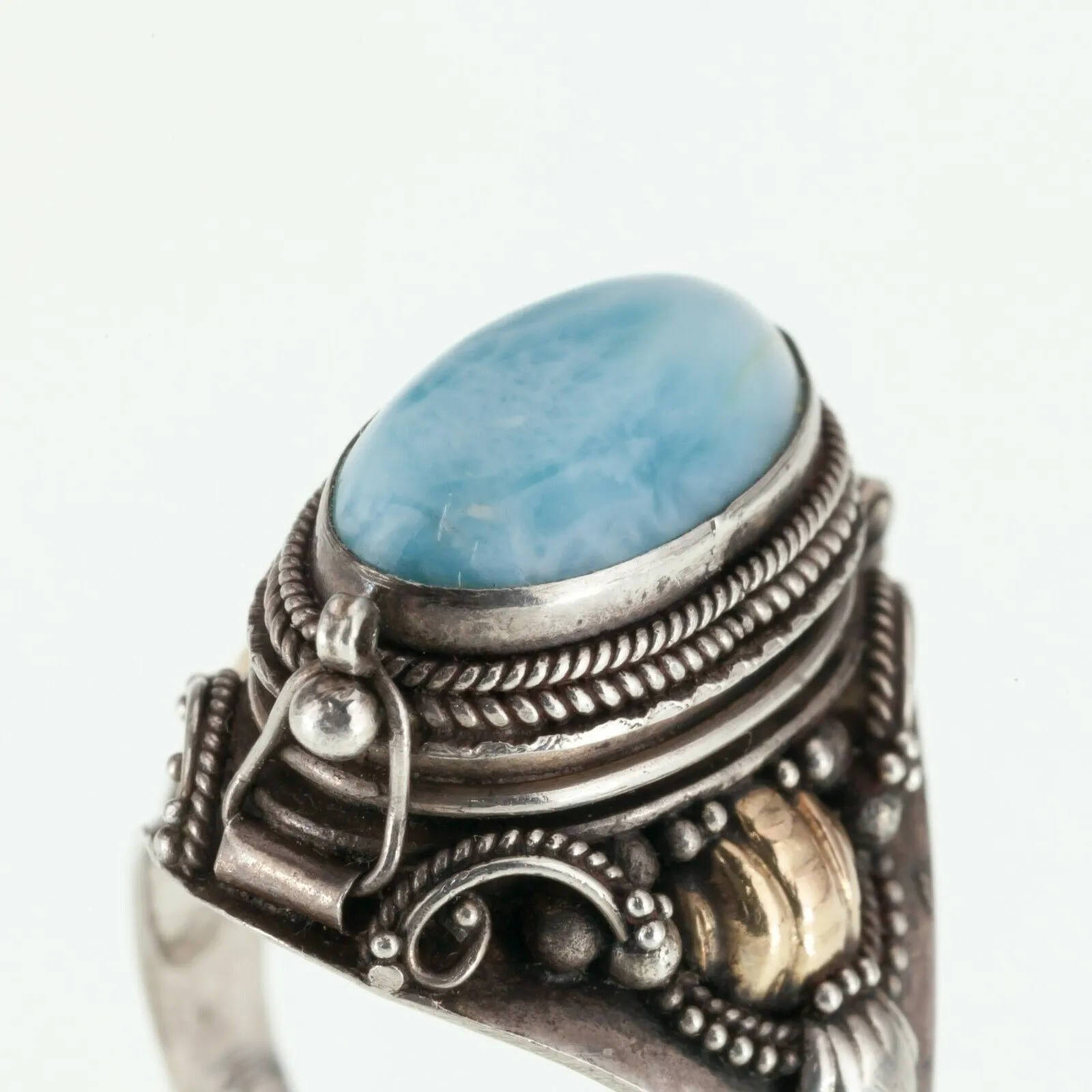 Gorgeous Two-tone Sterling Silver Larimar Cabochon Pill Ring Size 8.25