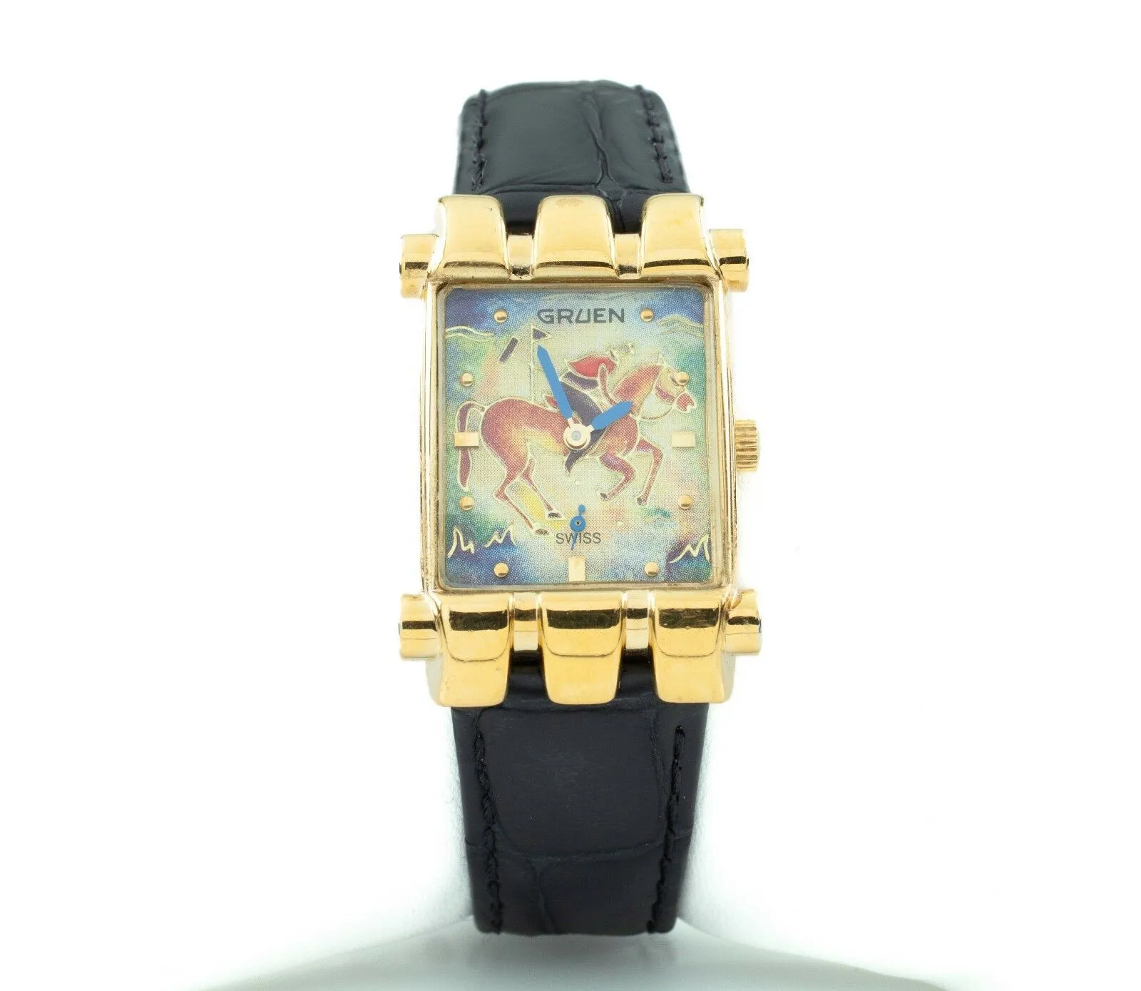Gruen Gold-Plated Quartz Watch w/ Leather Band "The Polo Player" Nice!