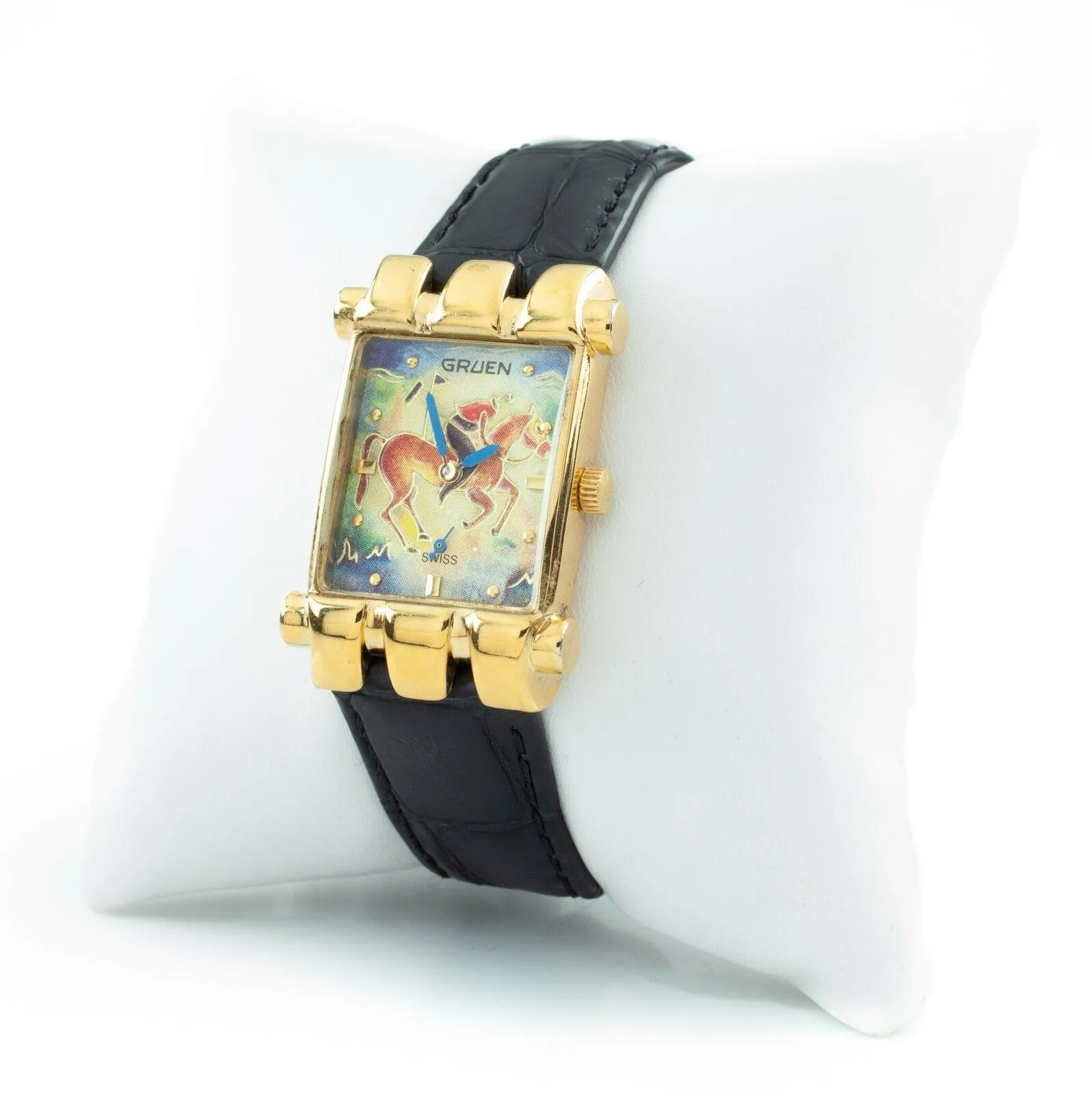 Gruen Gold-Plated Quartz Watch w/ Leather Band "The Polo Player" Nice!