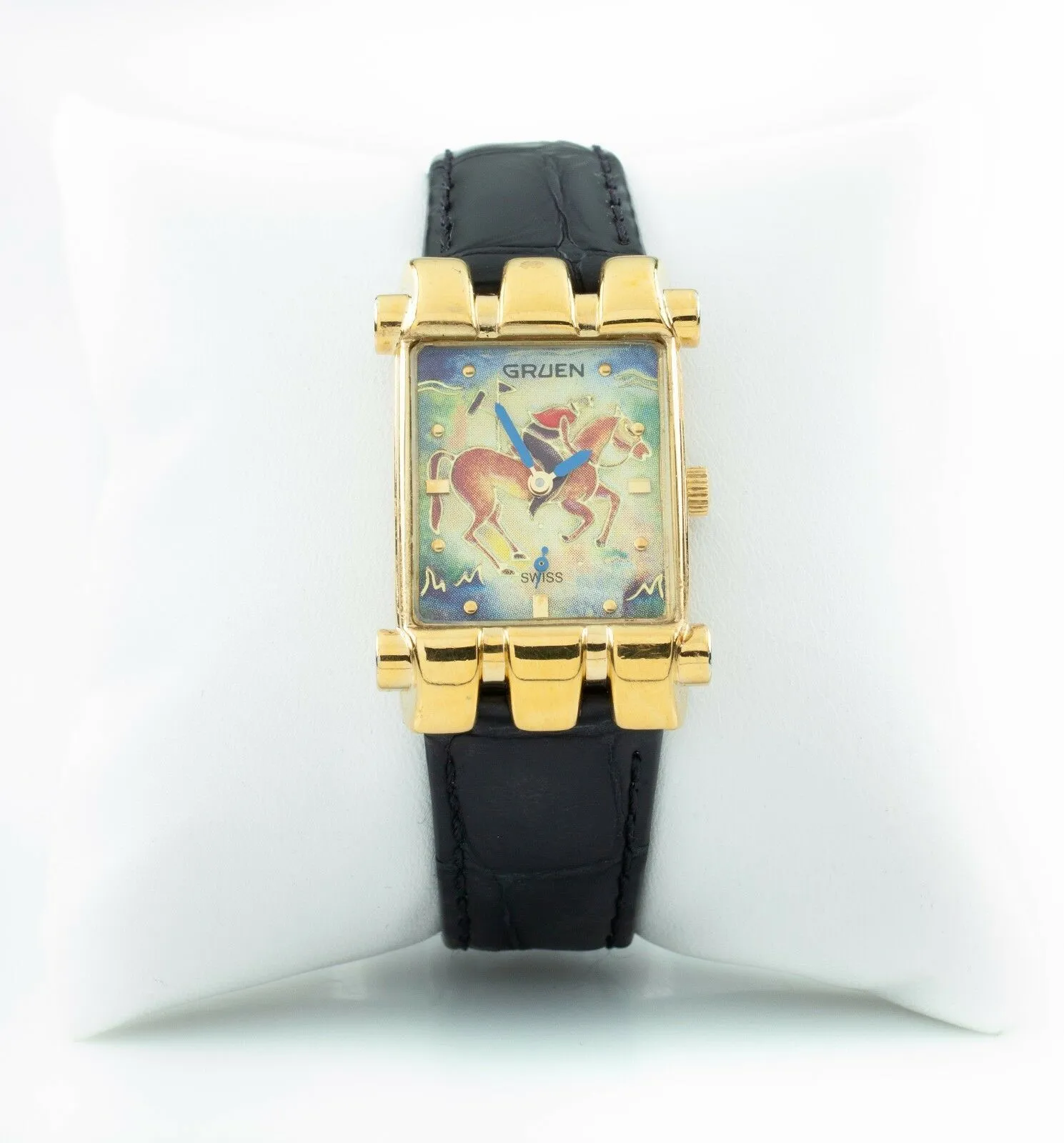 Gruen Gold-Plated Quartz Watch w/ Leather Band "The Polo Player" Nice!