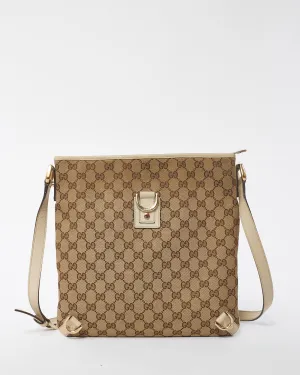 Gucci Beige and White Canvas GG Monogram D-Ring Abbey Messenger Bag