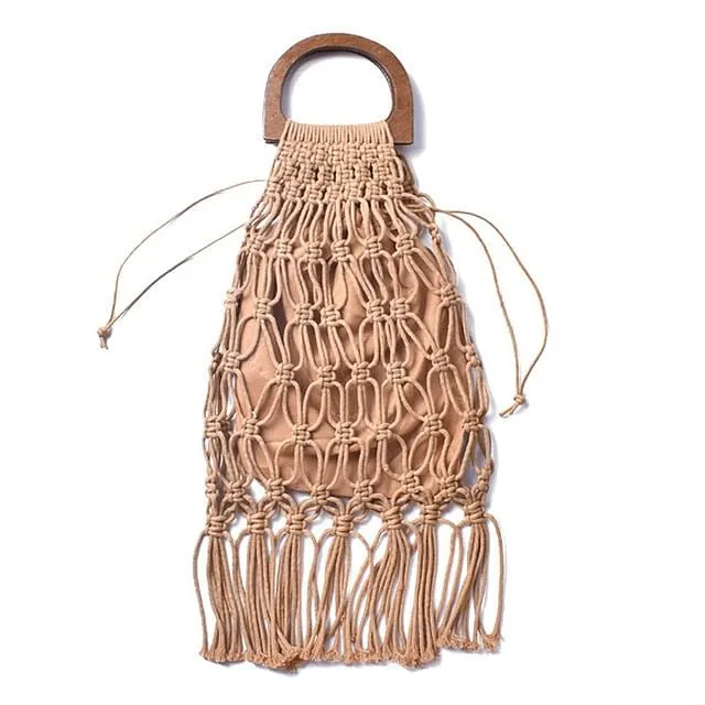 Handmade Cotton Woven Wood Handle Handbags
