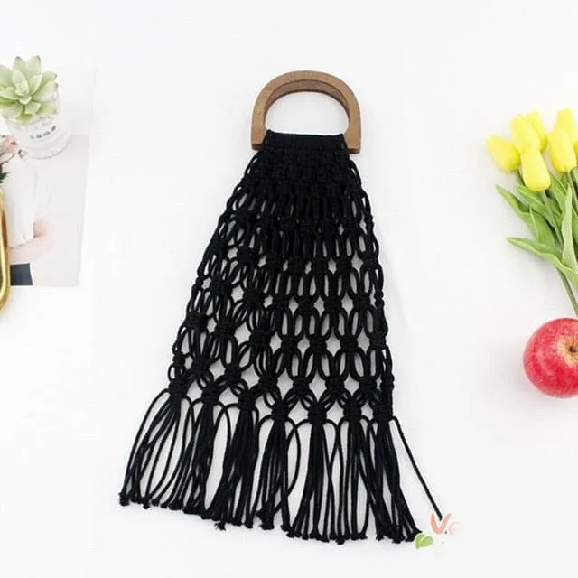 Handmade Cotton Woven Wood Handle Handbags