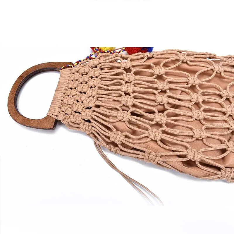 Handmade Cotton Woven Wood Handle Handbags