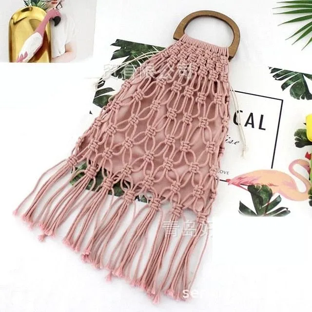 Handmade Cotton Woven Wood Handle Handbags