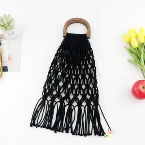 Handmade Cotton Woven Wood Handle Handbags
