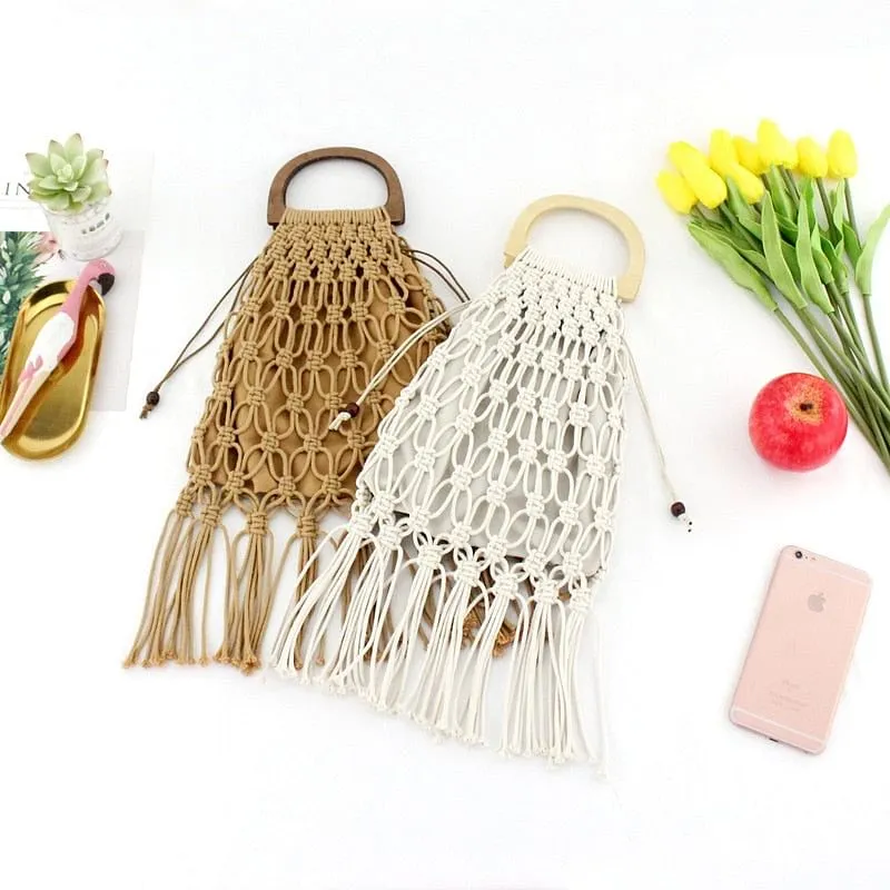 Handmade Cotton Woven Wood Handle Handbags