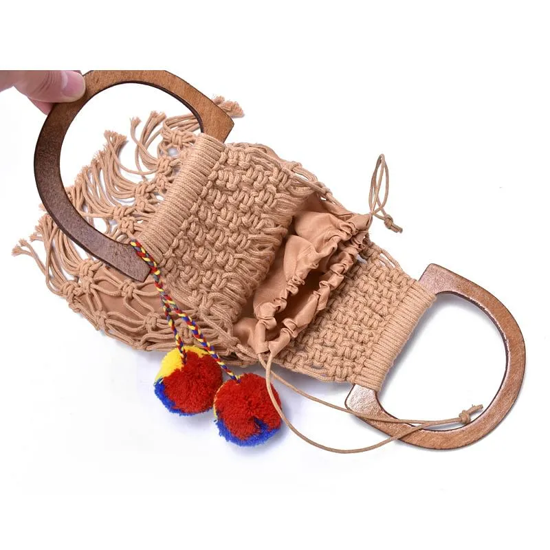 Handmade Cotton Woven Wood Handle Handbags