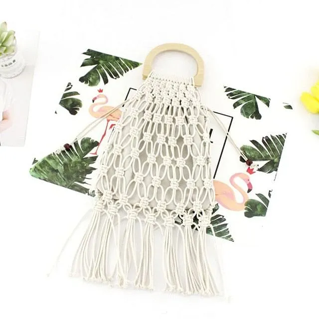 Handmade Cotton Woven Wood Handle Handbags