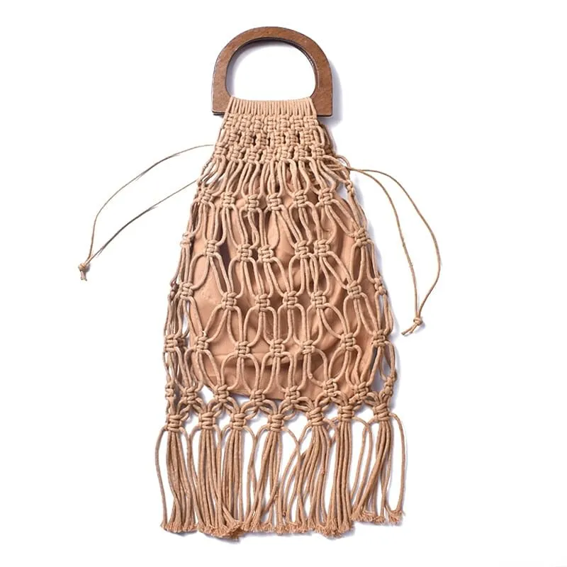 Handmade Cotton Woven Wood Handle Handbags