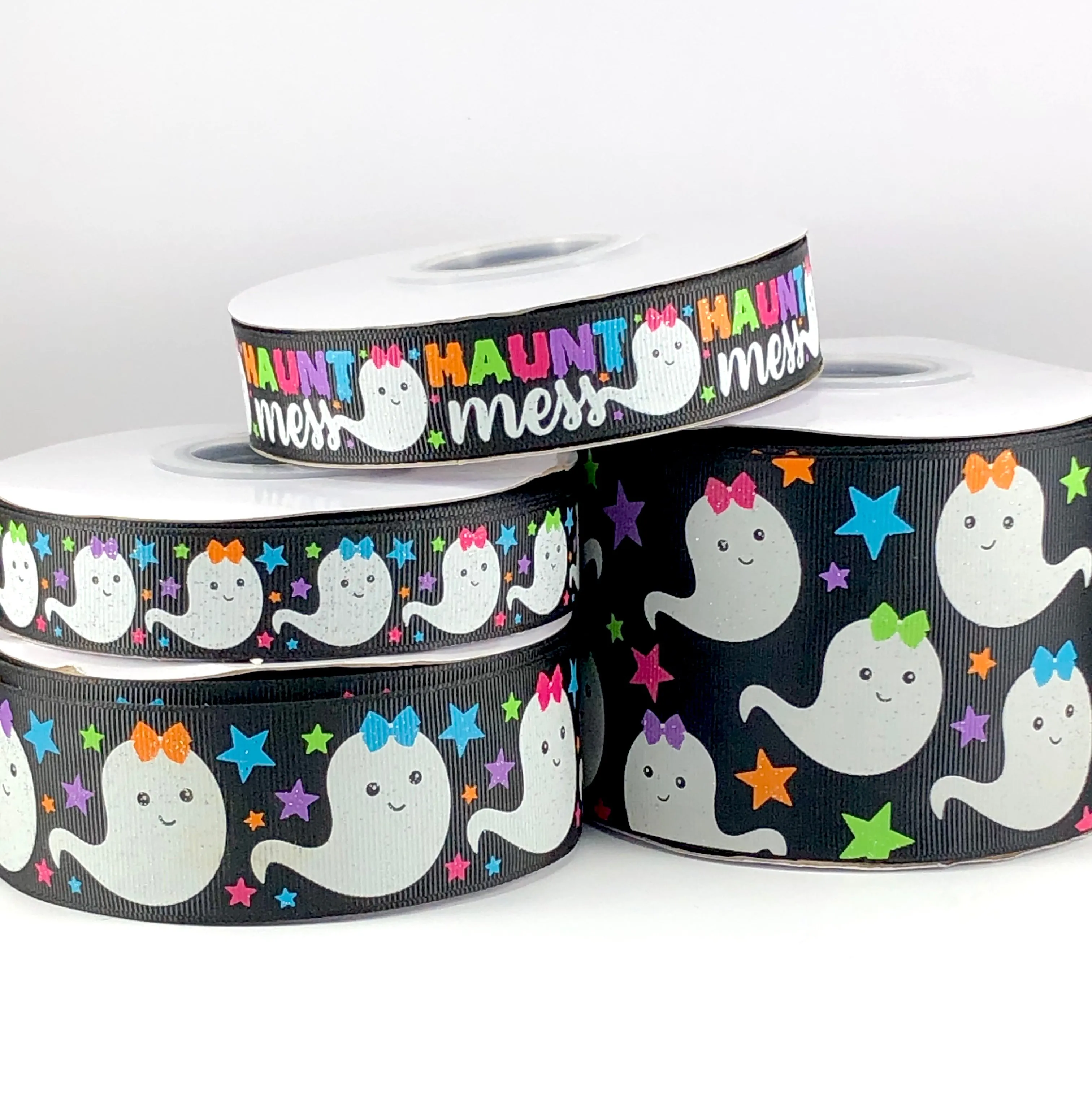 Haunt Mess Ghosts Only USDR Halloween Ribbon - 7/8 Inch - 1.5 Inch - 3 Inch