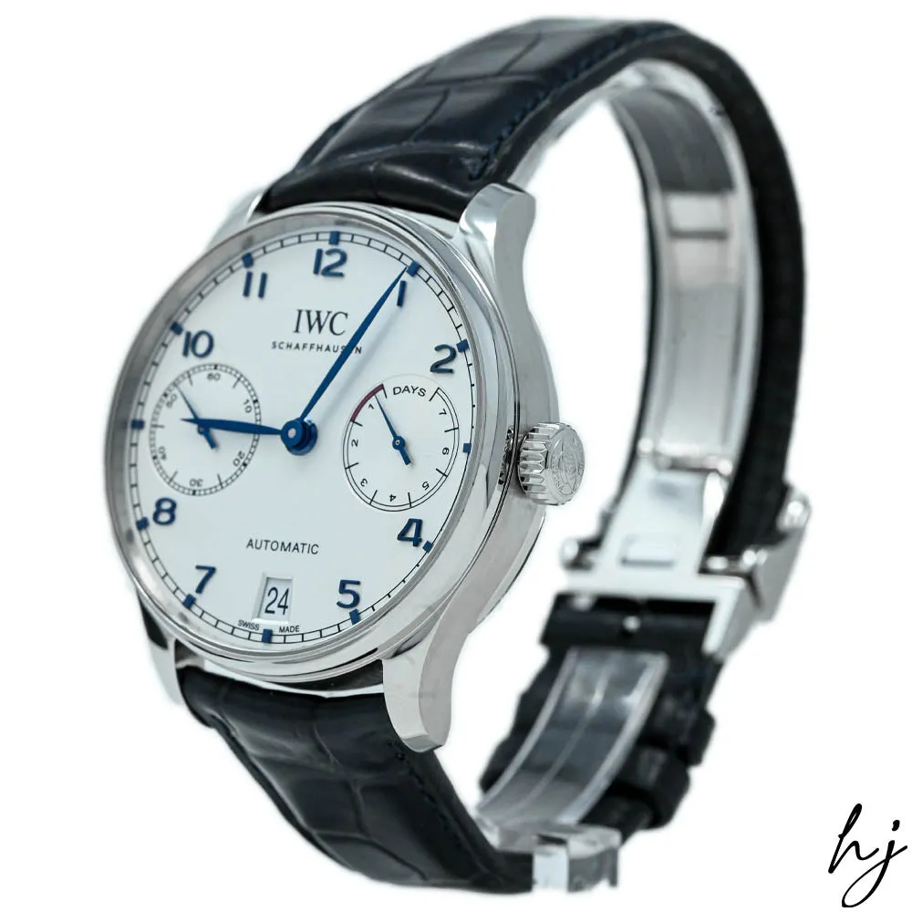 IWC Men's Portugieser Stainless Steel 42.3mm Silver Plated Blue Arabic Dial Watch Reference #: IW500705