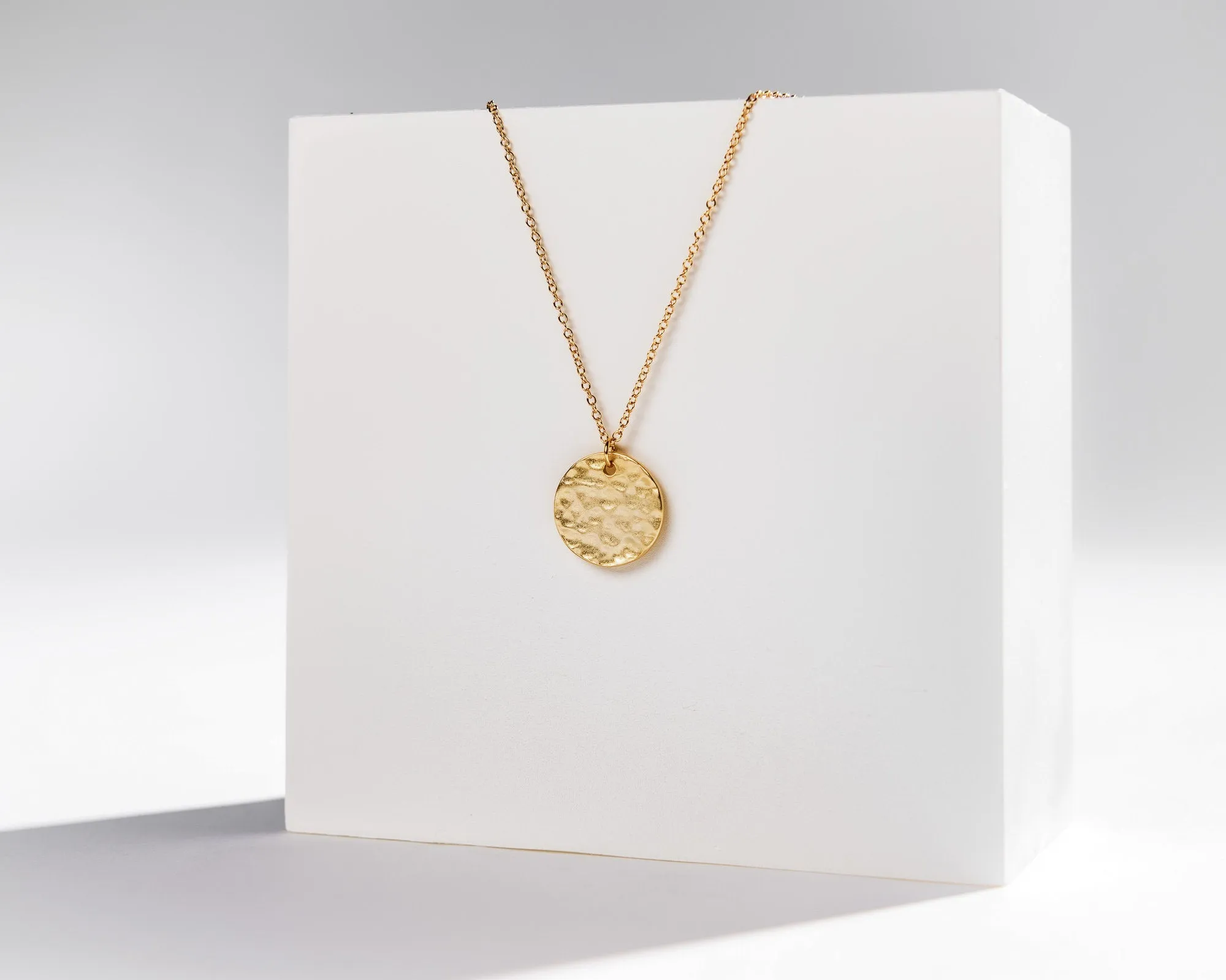 KARA (II) - Vintage style boho gold coin necklace with abstract hammered disk pendant w/ 925 gold plated sterling silver dainty chain