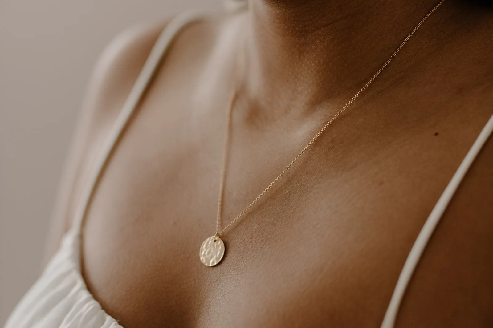 KARA (II) - Vintage style boho gold coin necklace with abstract hammered disk pendant w/ 925 gold plated sterling silver dainty chain