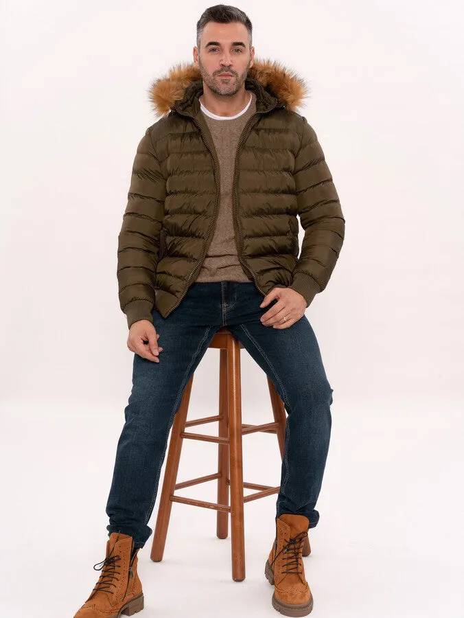Khaki Fur Hooded Men's Puffer Coat - Wessi