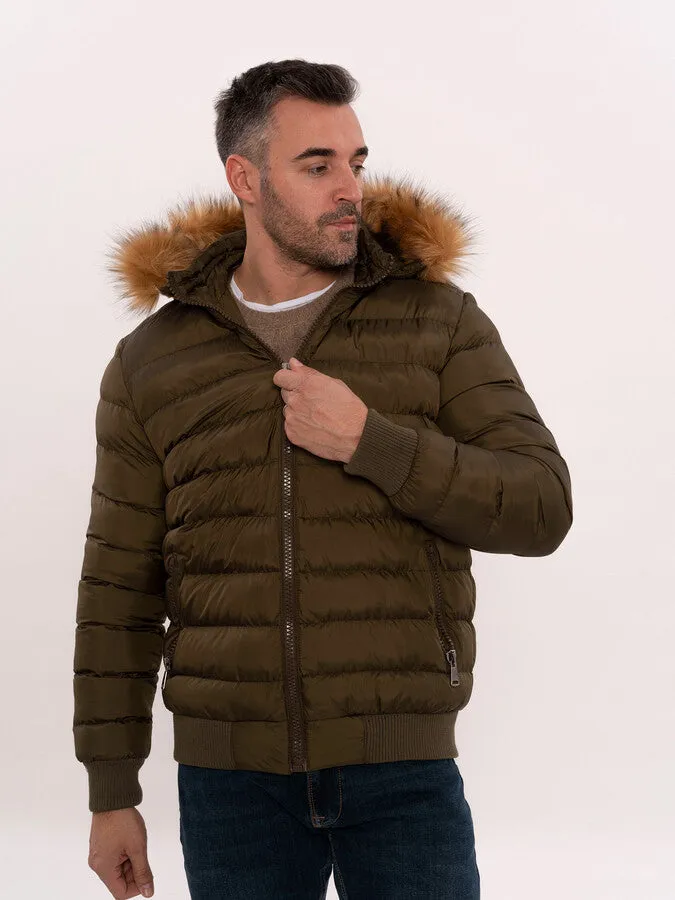 Khaki Fur Hooded Men's Puffer Coat - Wessi