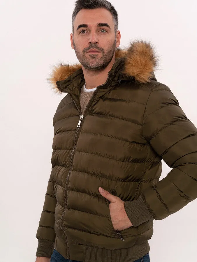 Khaki Fur Hooded Men's Puffer Coat - Wessi