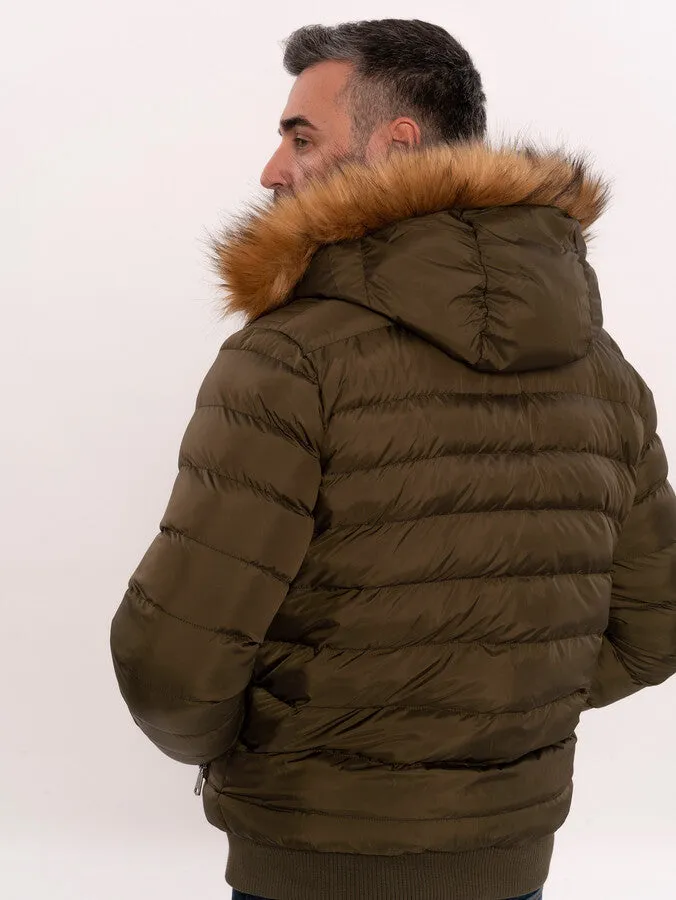 Khaki Fur Hooded Men's Puffer Coat - Wessi