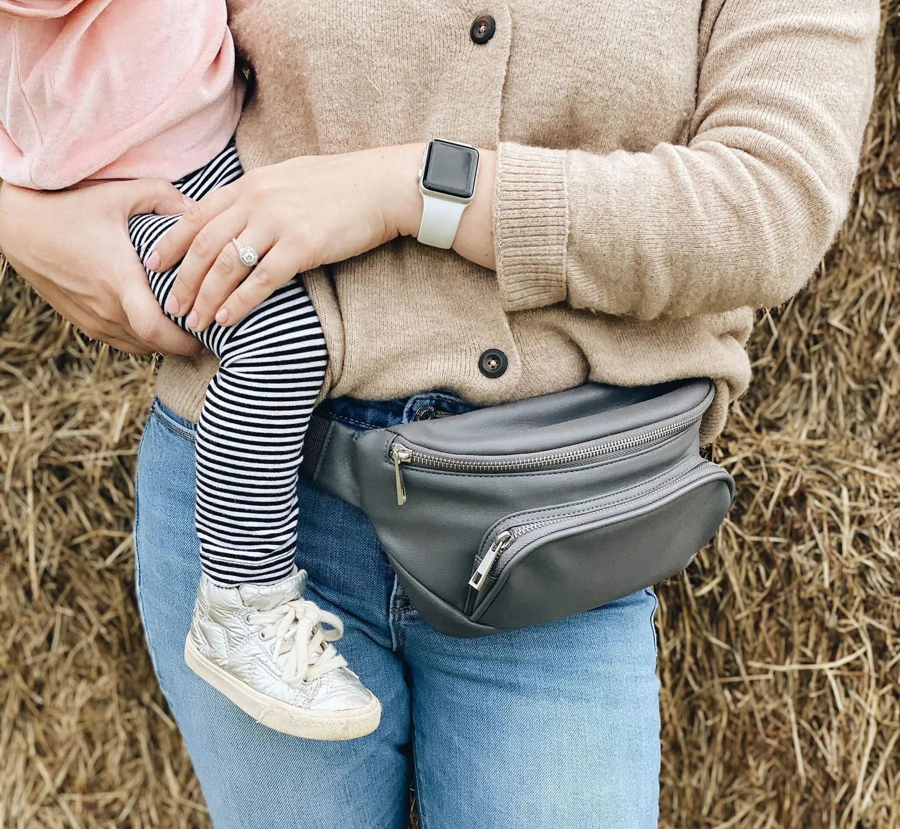 Kibou Vegan Leather Fanny Pack Diaper Bag - Charcoal Grey