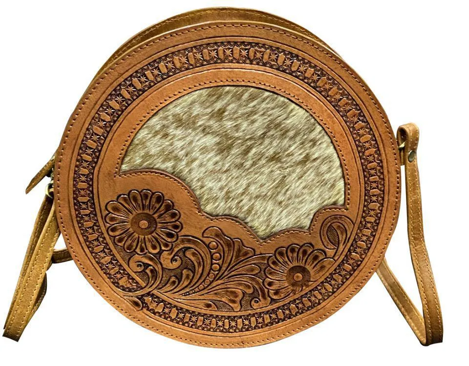 Klassy Cowgirl   Medium Leather round Crossbody Bag with cowhide inlay