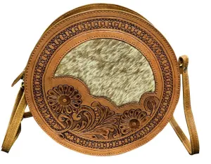 Klassy Cowgirl   Medium Leather round Crossbody Bag with cowhide inlay