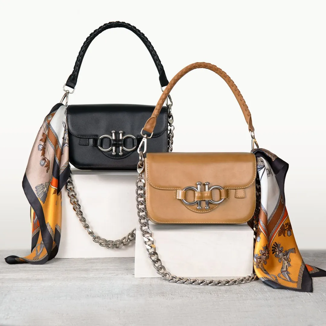 Lana - English Stirrup Crossbody Bag in Caramel Italian Leather with Nickel Hardware Equestrian Handbag